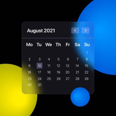 Glasmorhism Ağustos 2021 Takvim Şablonu. UI, UX, mobil ve web uygulamaları için GUI düzeni. Glasmorfizm konsept tasarımı