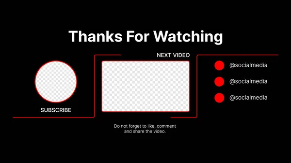 Youtube Clean Vector Wireframe For Your Vlog. Следующее видео. Подписаться. Прозвище в социальных сетях. Спасибо, что смотрели. Шаблон для видеосервиса с прозрачным фоном. — стоковый вектор