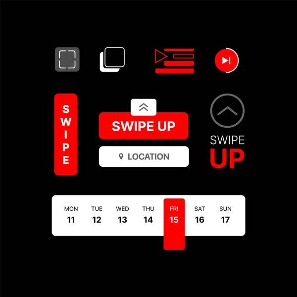 Set roter Symbole für die sozialen Medien. Wischen, Datum, Spielen, Kopieren, Video — Stockvektor