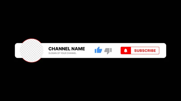 Nome do canal Lower Third. Banner de transmissão para vídeo em fundo preto. Placeholder para o logotipo do canal. —  Vetores de Stock