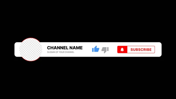 Nombre del canal Tercero inferior. Broadcast Banner para vídeo sobre fondo negro. Soporte de posición para el logotipo del canal. — Archivo Imágenes Vectoriales