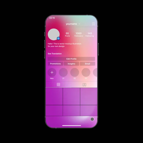 Social Media Realistic Interface no Smartphone. Ilustração Gradiente do Mockup do Vetor — Vetor de Stock