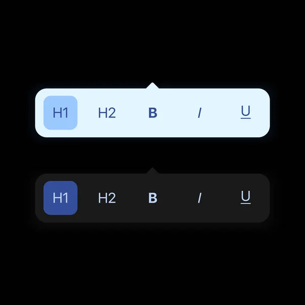 Menu Personaggi Bubble. Seleziona Tipo di carattere. Mini icone dell'editor di testo. Grassetto, corsivo, sottolineatura, H1, H2 — Vettoriale Stock