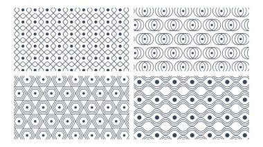 Kusursuz desenler. Dört Yuvarlak Geometrik Süslemeler, Beyaz Arkaplanda Siyah Şekiller