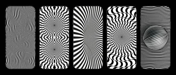 Ensemble de cinq modèles d'illusions optiques pour les histoires dans les médias sociaux. Contexte réaliste sur Smartphone — Image vectorielle
