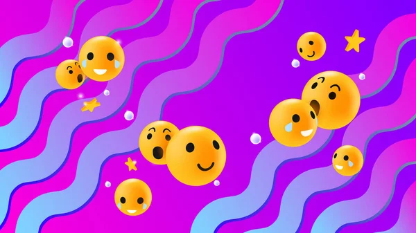 Abstract Emoticon reacties Concept. Stromende Emoji gezichten op golvend verloop achtergrond — Stockvector
