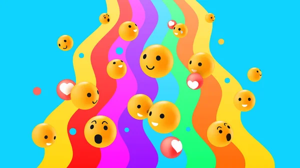 Diverse Emoticon-Reaktionen auf hellen Regenbogen-Hintergrund — Stockvektor