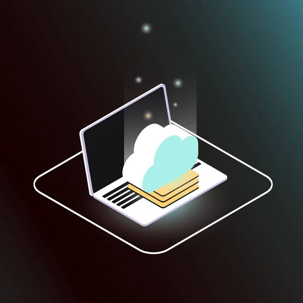 Γραφικό Laptop με Διακοσμητικά Στοιχεία και Cloud. Μεμονωμένοι φουτουριστικοί υπολογιστές και αποθήκευση νεφών — Διανυσματικό Αρχείο