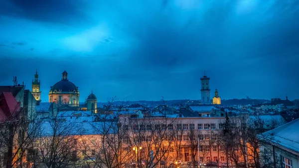 Notte Lviv Architettura Della Città Vecchia Durante Vacanze Natale Architettura — Foto Stock