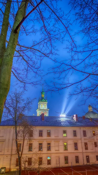 Nocna Lwowska Architektura Starego Miasta Święta Bożego Narodzenia Architektura Starego — Zdjęcie stockowe