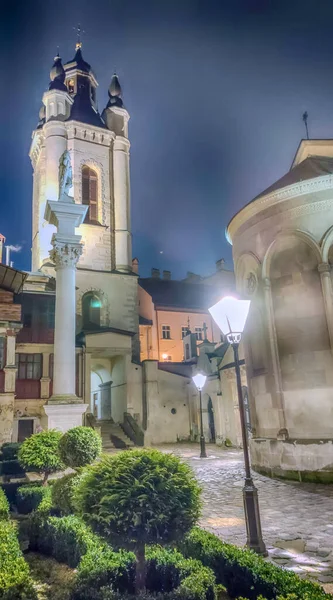 Nacht Lviv Oude Stad Architectuur Kerstvakantie Oude Stadarchitectuur Verlicht Door — Stockfoto