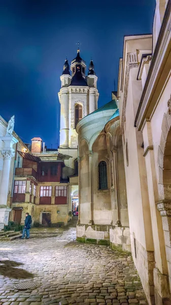 Nacht Lviv Oude Stad Architectuur Kerstvakantie Oude Stadarchitectuur Verlicht Door — Stockfoto