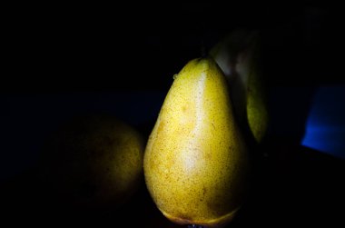 Sonbahar armudu sade bir hayat. Kusursuz armut silueti, düşük ışık ve derin gölge..