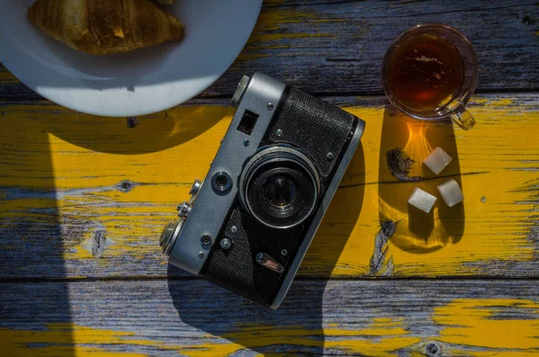 Still Life Retro Camera Cup Coffee Wooden Background Sweets Plate — Stock Photo, Image