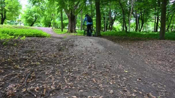 Cavalier amateur sur le vélo dans le parc de printemps — Video