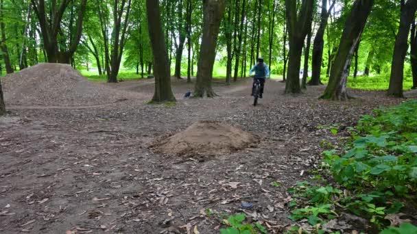 Amatőr bicikliző a tavaszi parkban — Stock videók