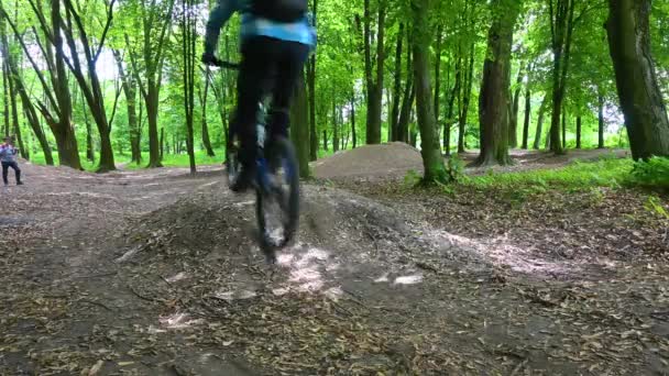 Amateur rider on the bicycle in the spring park — Stock Video