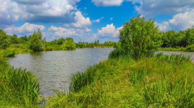 Bir göl manzarası ve yaz mevsiminde gökyüzünde bulutlar