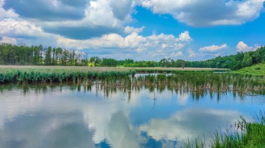 Bir göl manzarası ve yaz mevsiminde gökyüzünde bulutlar