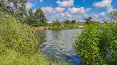 Bir göl manzarası ve yaz mevsiminde gökyüzünde bulutlar