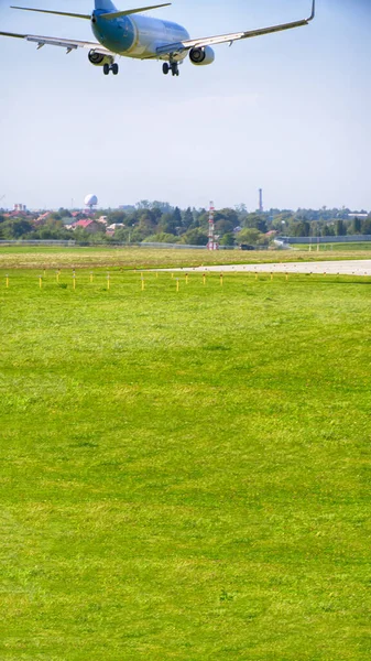 Airplane landing on the airport. Perfect view on the airplane with different high.