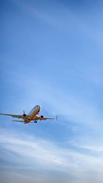 Airplane landing on the airport. Perfect view on the airplane with different high.