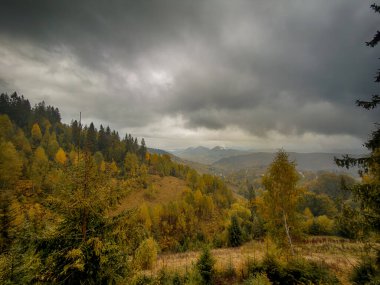 Sisli Sonbahar Yağmuru Ukrayna Karpatlar üzerinde Bulutlu.