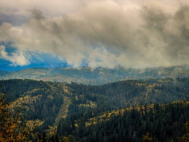 Sisli Sonbahar Yağmuru Ukrayna Karpatlar üzerinde Bulutlu.