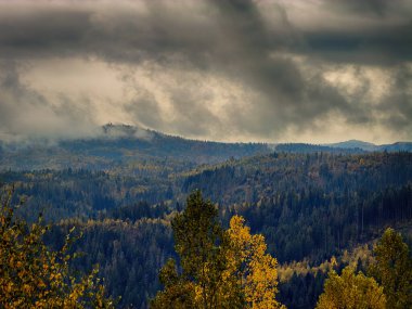 Sisli Sonbahar Yağmuru Ukrayna Karpatlar üzerinde Bulutlu.