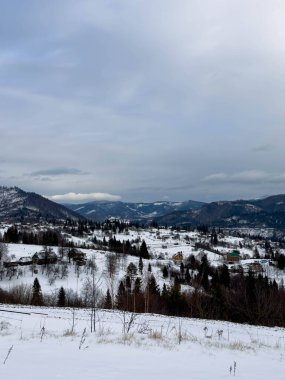 Karlı gizemli Karpatlar Bulutlu gökyüzünün altında
