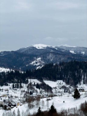 Karlı gizemli Karpatlar Bulutlu gökyüzünün altında