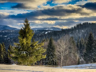 Karlı, gizemli Karpatlar bulutlu gökyüzünün altında güneşli bir havada