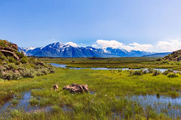 Karlı dağlarla dolu bir çayırda akan bir dere.