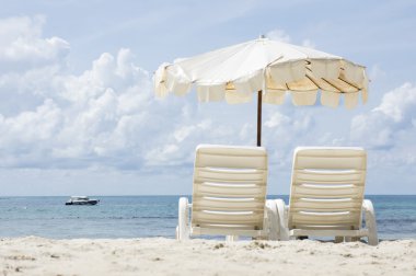 Plajda plaj sandalyeleri ve şemsiye.