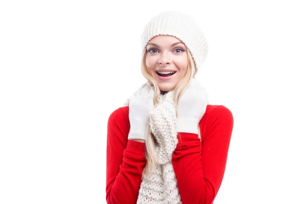 Natal, Natal, férias de inverno, pessoas, conceito de felicidade - imagem brilhante de sorrir mulher bonita feliz em chapéu, silencioso e luvas branco isolado fundo — Fotografia de Stock