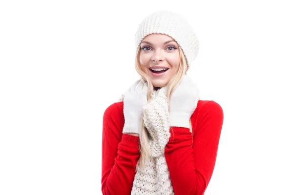 Xmas, noel, kış tatili, insanlar, mutluluk konsepti - gülümseyen mutlu kadın şapkalı, egzozlu ve eldivenli parlak resim Stok Resim