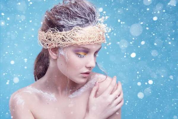 Portret młodej kobiety uroda zima, kreatywny obraz modelu z mrożonych makijażu, z porcelany skóry oraz długie, białe rzęsy Wyświetlono modny, Ice królowa, królowa śniegu, studio Obraz Stockowy