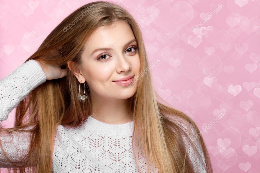 Sweet Blonde Woman Smiling Winking Valentines Day Heartshaped Bokeh Background Joyful Stock Sweet Blonde Woman Smiling Winking Valentines Day Heartshaped Bokeh Background Joyful Stock