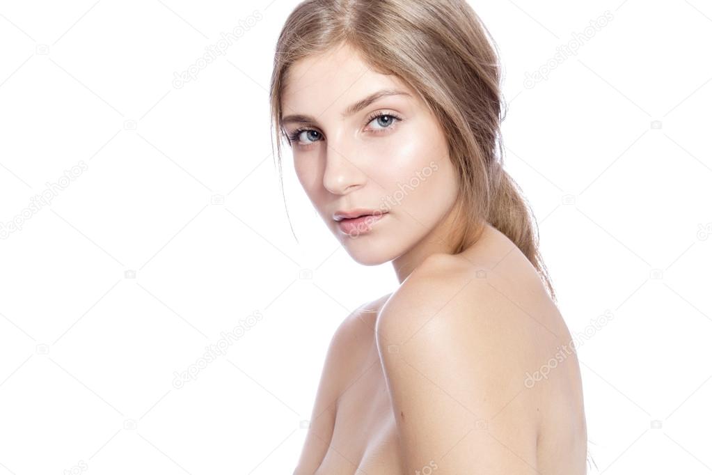 Beautiful model lady with natural makeup and blonde hair studio fashion shot on white background, perfect skin