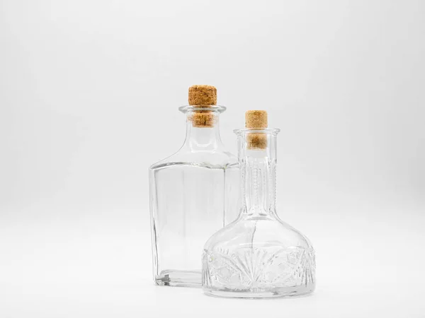 Empty Glass Carafe Empty Glass Bottle Closed Cork Caps Isolated — Stock Photo, Image