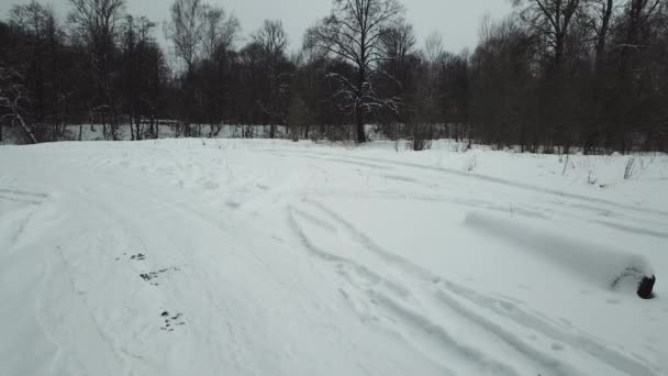 겨울에는 타이어의 자국과 자국을 눈덮인 초원을 걷는다 — 비디오