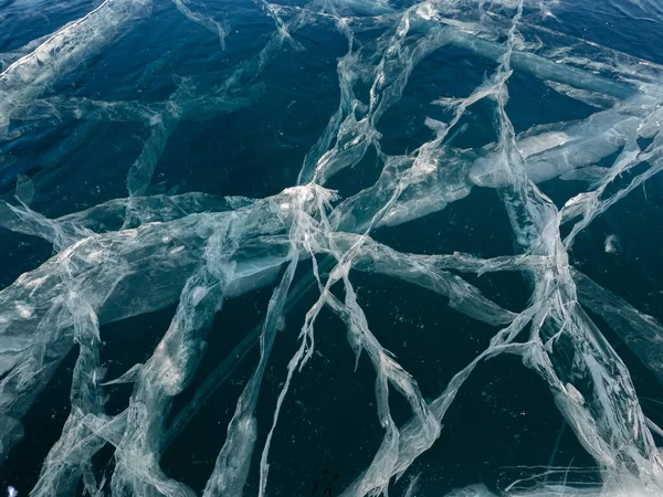 Réseau Fissures Dans Une Épaisse Couche Solide Glace Lac Baïkal — Photo