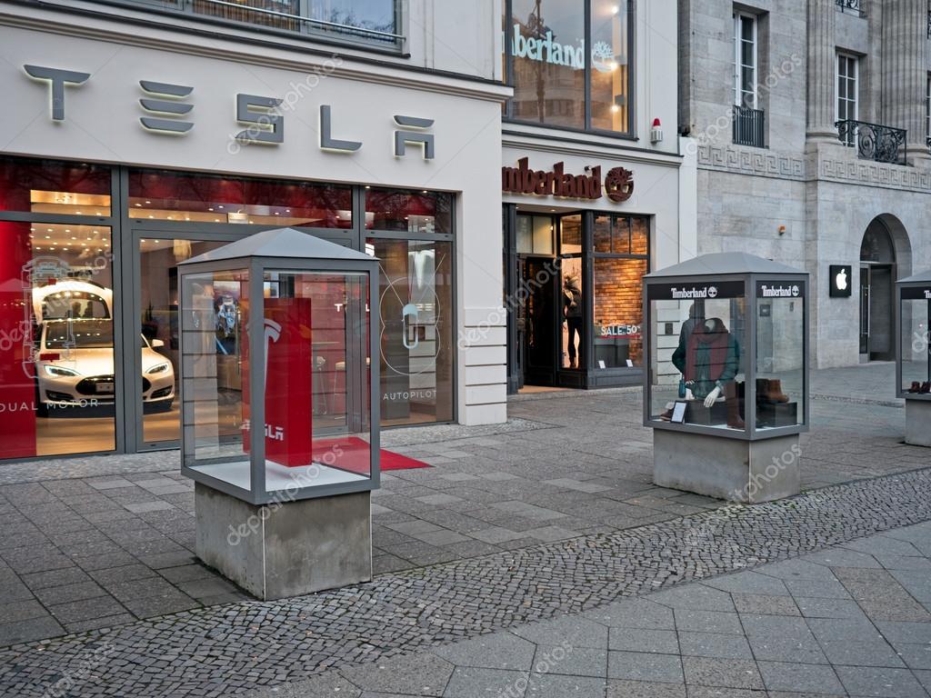 Berlin, Germany - January 21, 2015: Shops of Apple, Timberland and Tesla in Kudamm
