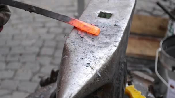 Schmied hämmert heißes Eisen — Stockvideo