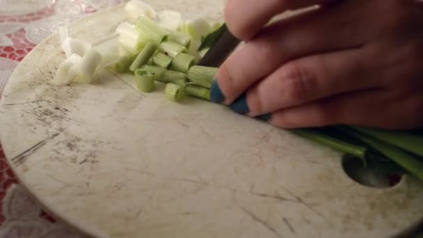 Cutting Green Fresh Onion — Stock Video