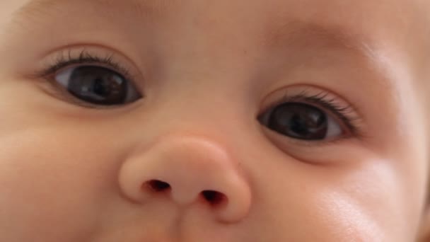 Глаза и маленький нос младенца — стоковое видео