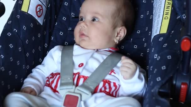 Pequeño bebé en asiento de coche — Vídeos de Stock