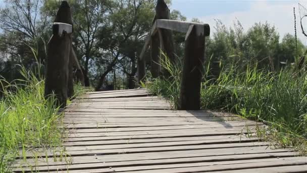 Βήματα άνθρωπος πέρα από μια γέφυρα για πεζούς — Αρχείο Βίντεο
