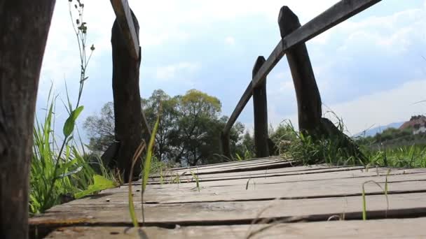 Περνώντας μια ξύλινη γέφυρα για πεζούς — Αρχείο Βίντεο