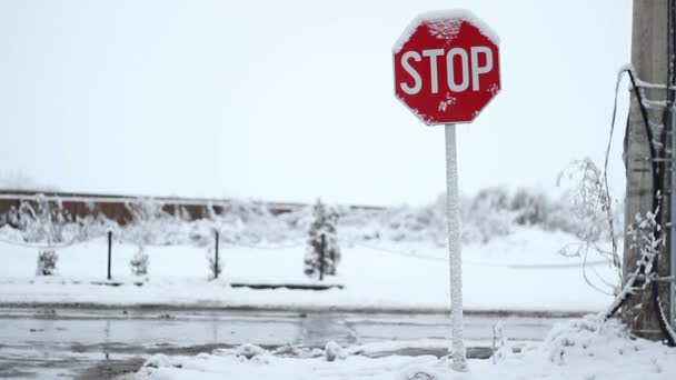 Snöiga stoppskylt trafik — Stockvideo